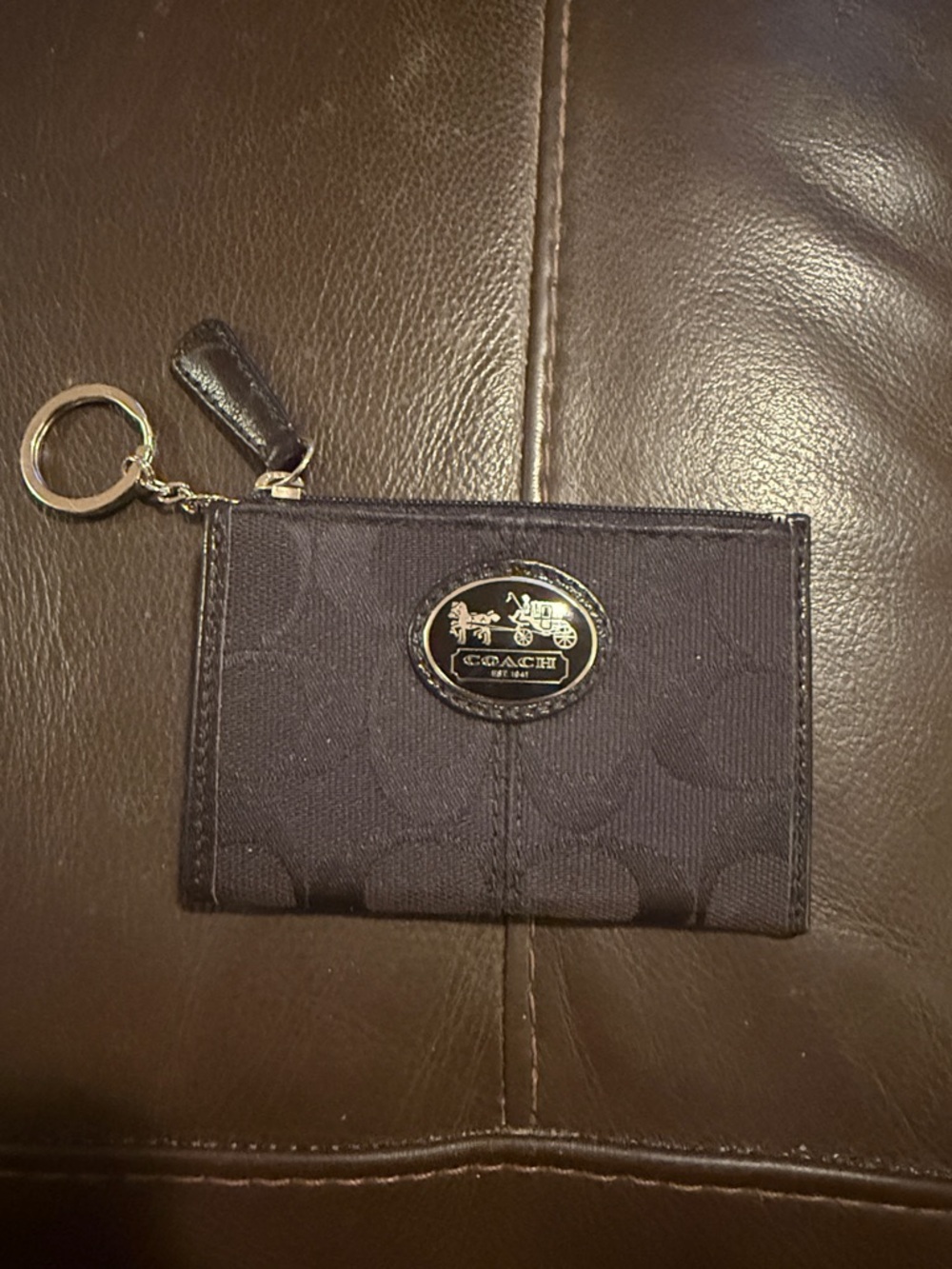 Coach Black Signature Card Case Keychain